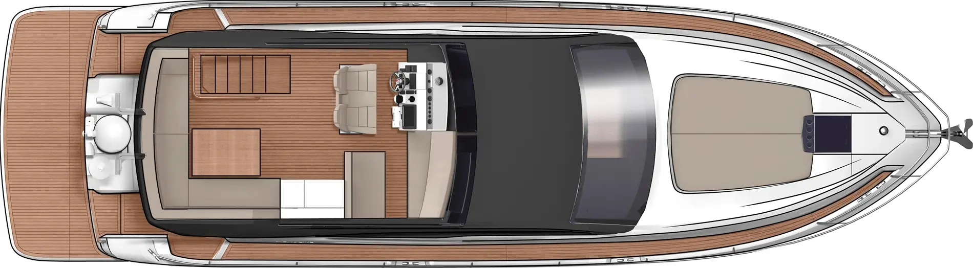Top view of a modern boat interior featuring a seating area, kitchen, and helm, with wood and light-coloured surfaces.